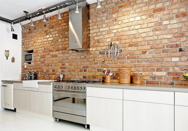 exposed brick wall in kitchen